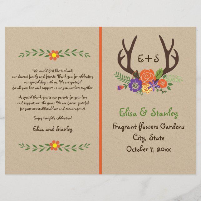 Antlers & orange flowers monogram wedding program (Front)