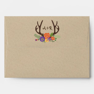 Antlers & orange flowers monogram woodland wedding envelope