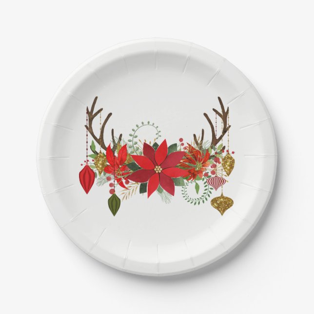 Antlers Ornaments Floral Antlers Holiday Rustic Paper Plate (Front)