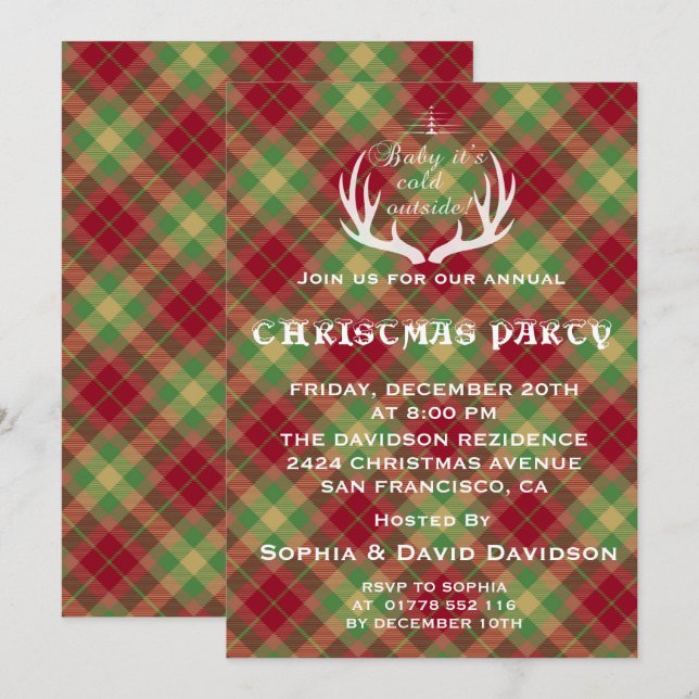 Antlers Red Green Plaid Christmas Party Invitation (Devant / Derrière)