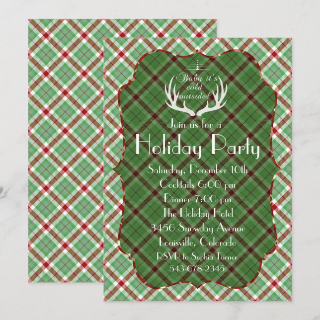 Antlers Red Green Plaid Fête Invitation (Devant / Derrière)