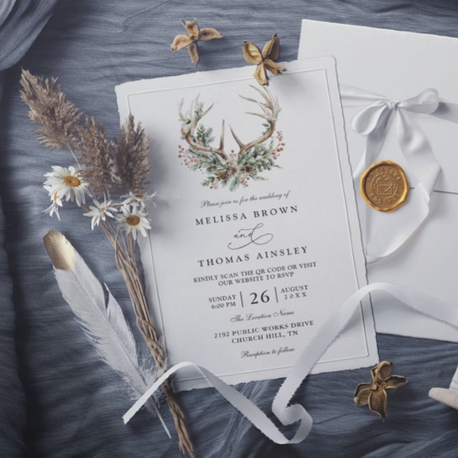 Antlers Rustic Floral Greenery QR Code Wedding Invitation (Creator Uploaded)
