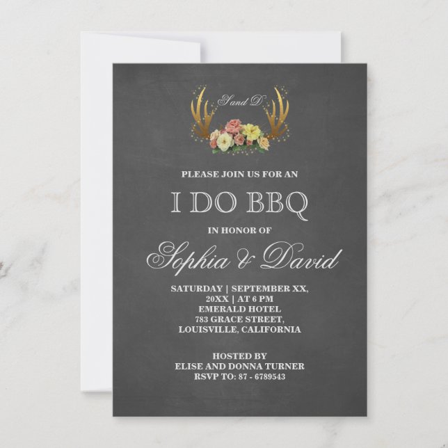 Antlers uniques Chalk floral I DO BBQ Invitation (Devant)