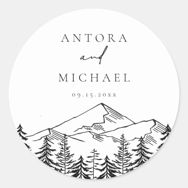 ANTORA Black & White Mountains Wedding Names Classic Round Sticker (Front)