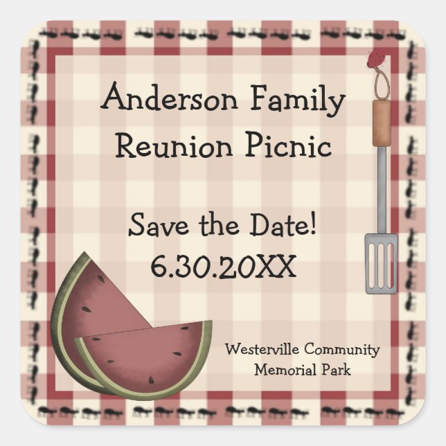 Ants and Watermelon Picnic Save the Date Square Sticker (Front)