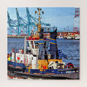 Antwerp, Belgium scenic photo with tugboat Jigsaw Puzzle