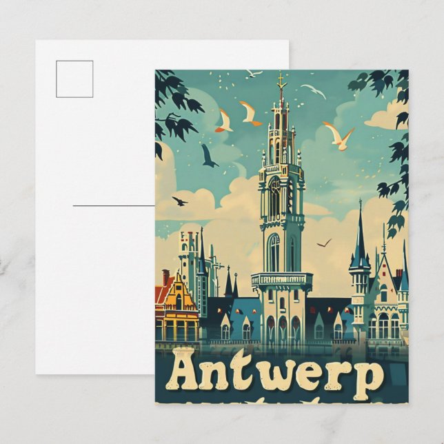 Antwerp Belgium Vintage Retro Travel Illustration Postcard (Front/Back)