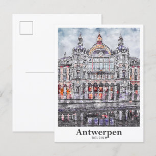 Antwerpen Belgium Travel Watercolor Hand Drawn Postcard