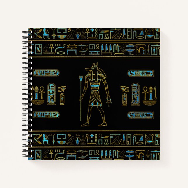 Anubis Egyptian  Gold and blue stained glass Notebook (Front)