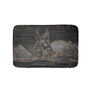 Anubis on Egyptian pyramids landscape Bath Mat
