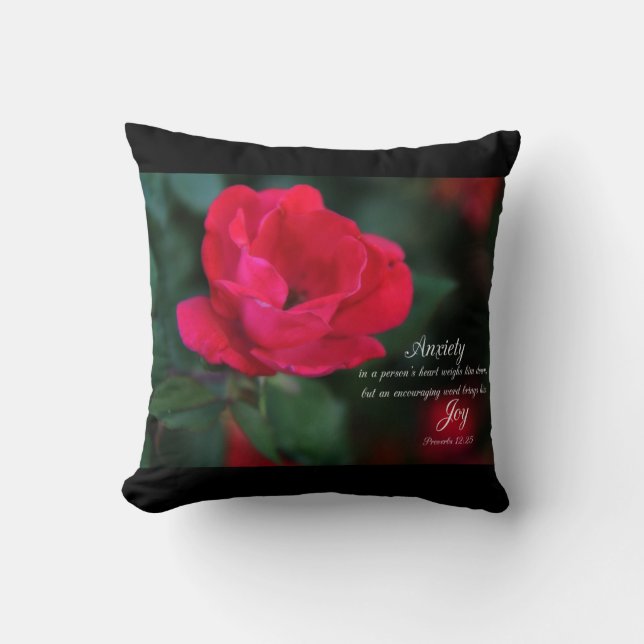 Anxiety  - Joy verse from Proverbs with Red Rose Throw Pillow (Front)