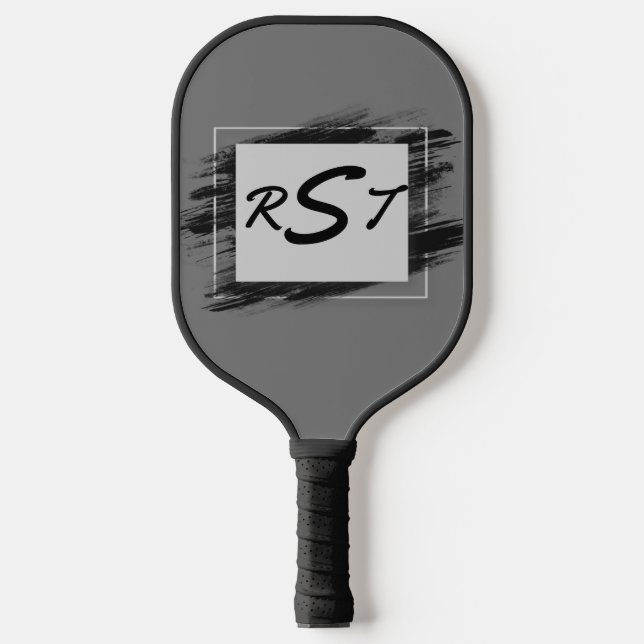Any 3 Initial Letter Monogram Black Brush Frame Pickleball Paddle (Front)