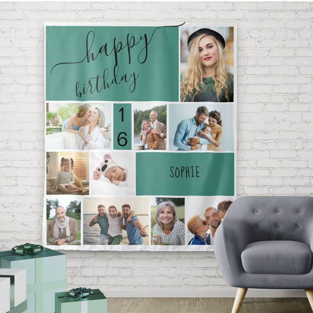 Any Age 10 Photo Collage Personalized Green Tapestry (Creator Uploaded)