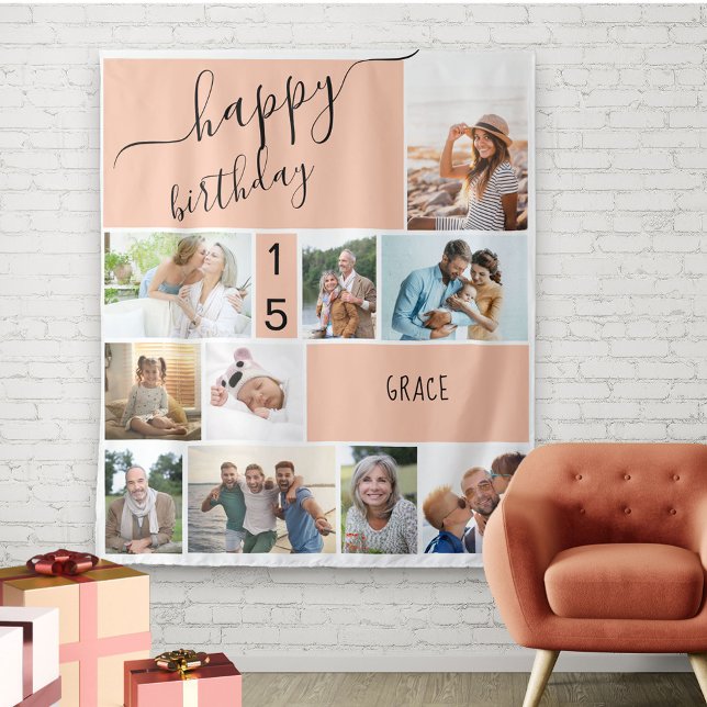 Any Age 10 Photo Collage Personalized Peach Tapestry (Creator Uploaded)