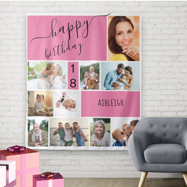 Any Age 10 Photo Collage Personalized Pink Tapestry (Creator Uploaded)