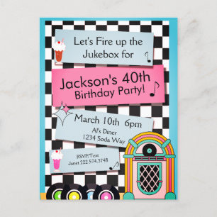 Any Age, 1950's Diner Birthday Invitation Postcard