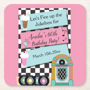 Any Age, 1950's Diner Birthday Invitation Square Paper Coaster