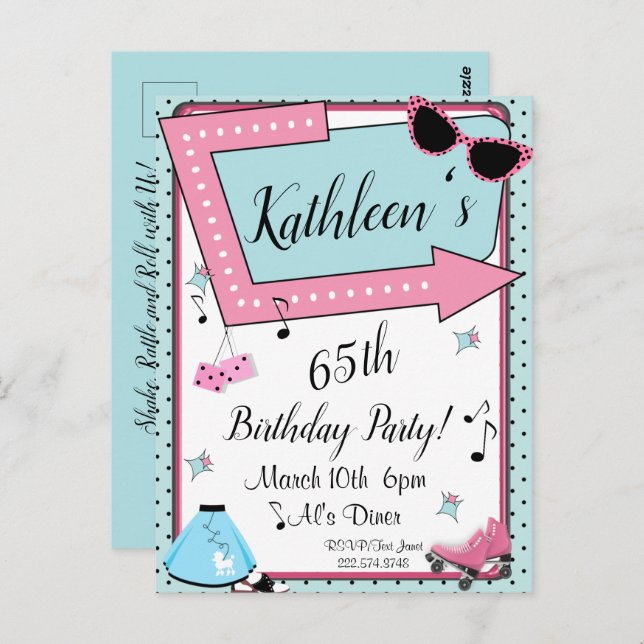 Any Age,1950's Retro Birthday Invitation Postcard (Front/Back)
