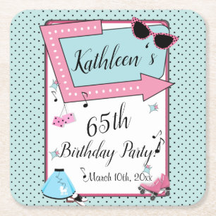 Any Age,1950's Retro Birthday  Square Paper Coaster