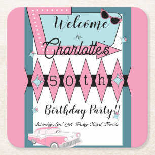 Any Age, 1950's Retro Birthday  Square Paper Coaster