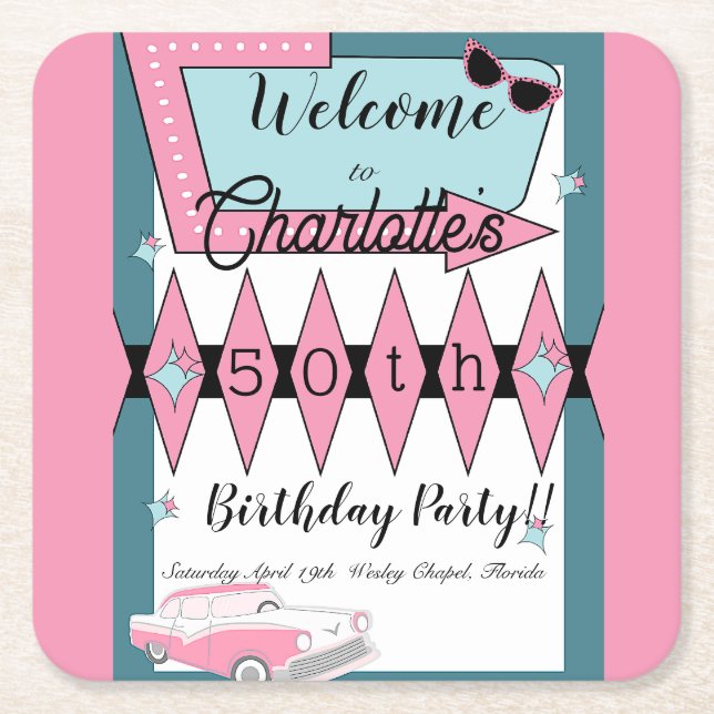 Any Age, 1950's Retro Birthday  Square Paper Coaster (Front)