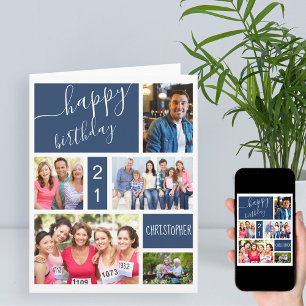 Any Age 5 Photo Collage Blue Personalized Birthday Card