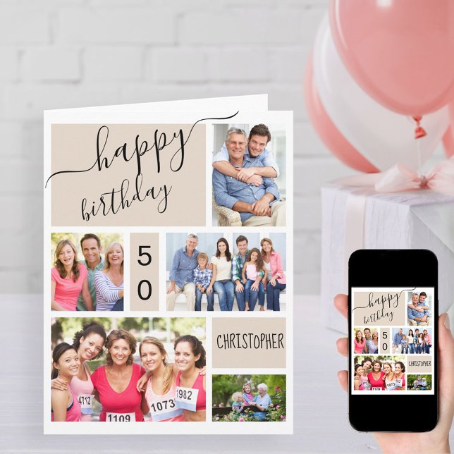 Any Age 5 Photo Collage Stone Custom Birthday Card (Creator Uploaded)