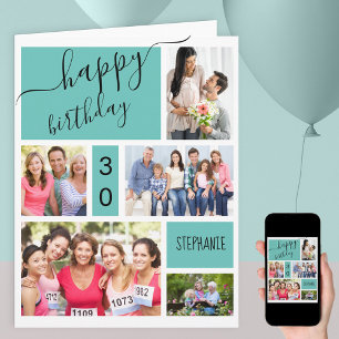 Any Age 5 Photo Collage Teal Personalized Birthday Card