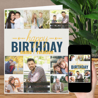 Any Age 8 Photo Collage Blue Personalized Birthday Card