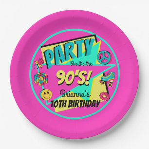 ANY AGE 90s birthday party pink teal personalized Paper Plate