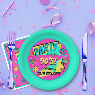 ANY AGE 90's party aqua pink teal personalized Paper Plate