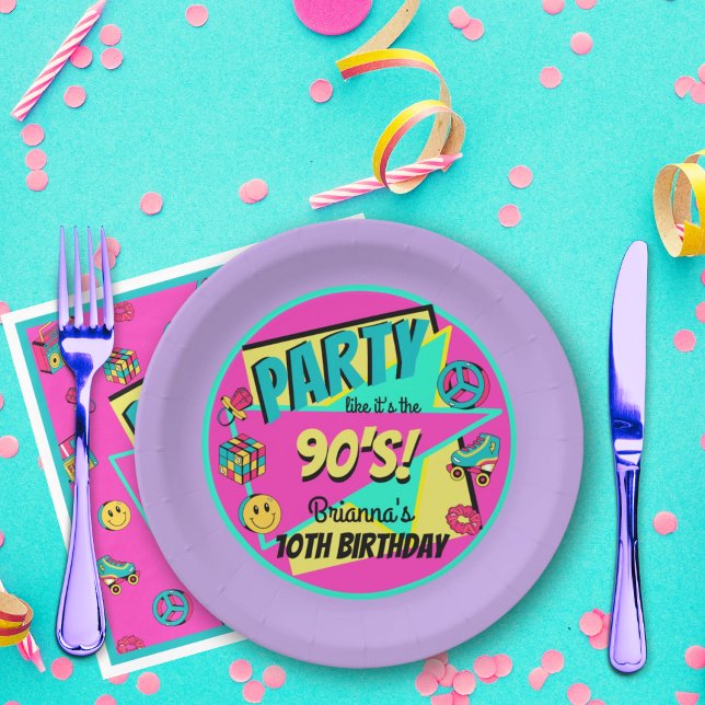 ANY AGE 90's party purple pink teal personalized Paper Plate (Creator Uploaded)