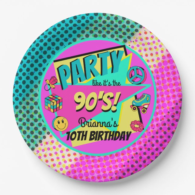 ANY AGE 90s party rainbow halftone pink teal   Paper Plate (Front)