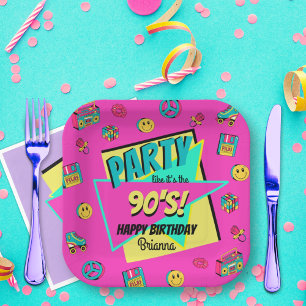ANY AGE 90s retro birthday party pink personalized Paper Plate