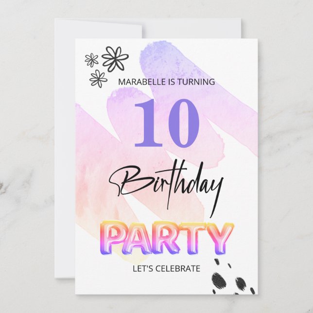 *~* ANY AGE Abstract Doodle Watercolor Birthday Invitation (Front)