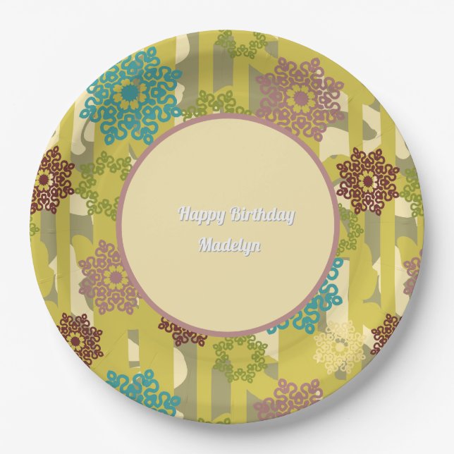 Any Age Abstract Floral Pattern Birthday Paper Plate (Front)