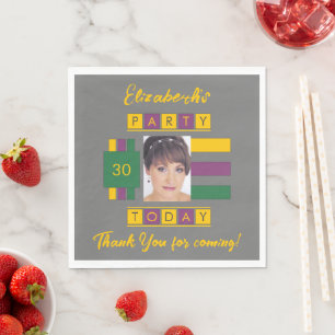Any age add photo name green grey birthday party napkin