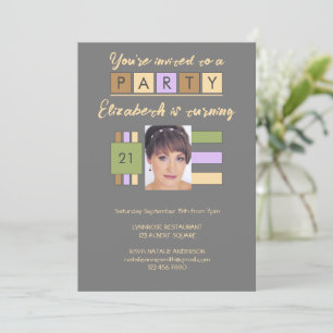 Any age add photo name grey lilac birthday party invitation