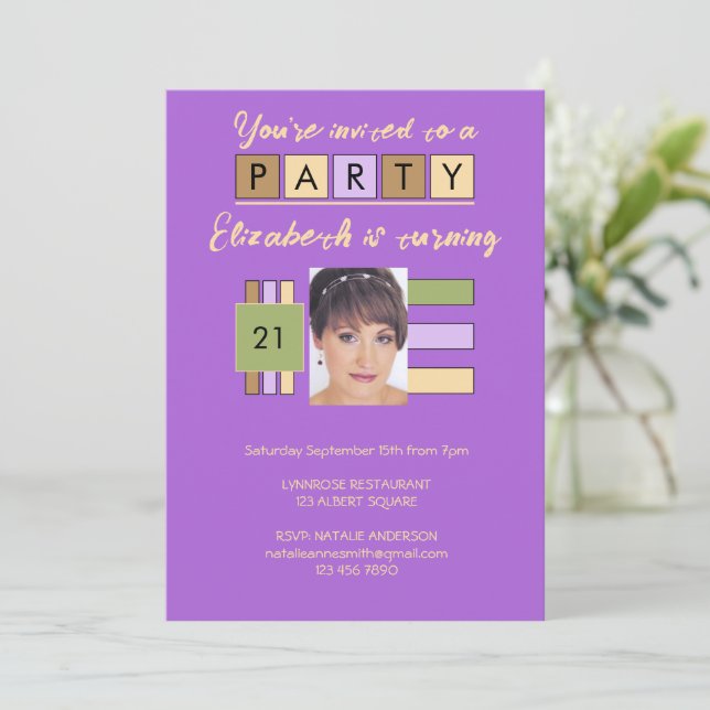Any age add photo name purple birthday party invitation (Standing Front)