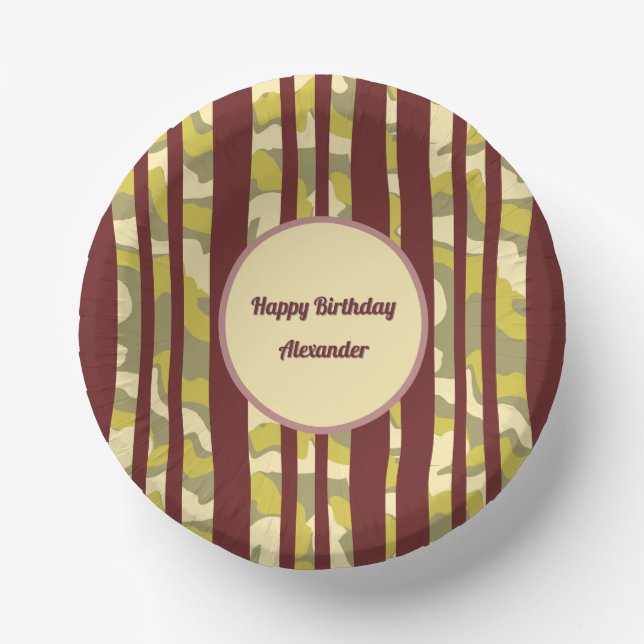 Any Age Adult Birthday Camo Stripes Pattern Paper Plate (Front)