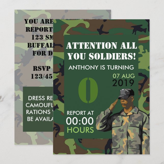 Any age Army themed Party Birthday Invitation (Front/Back)