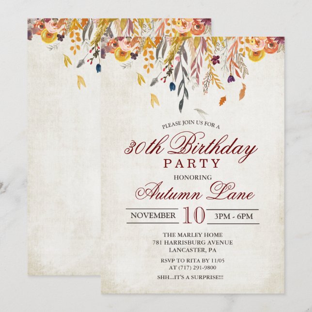 ANY AGE - Autumn Fall Leaves Birthday Invitation (Front/Back)