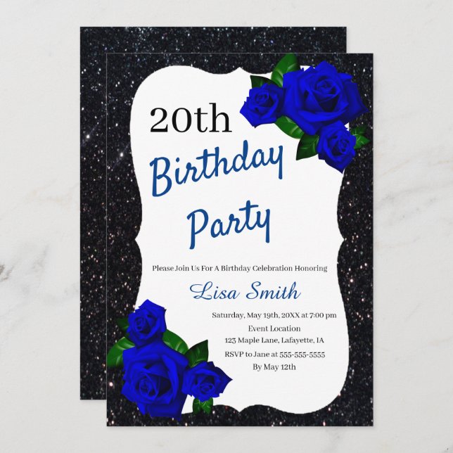 Any Age Birthday Black Glitter Deep Blue Roses Invitation (Front/Back)