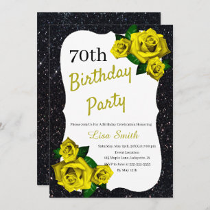 Any Age Birthday Black Glitter Yellow Roses Invitation
