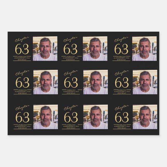 Any Age Birthday Black Gold Photo Wrapping Paper Sheet (Front)