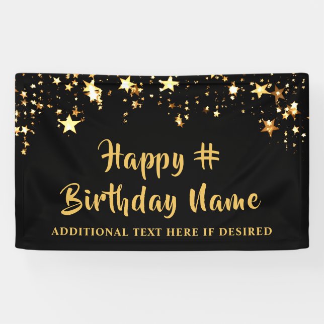 ANY AGE Birthday Black Gold Stars Custom Message Banner (Horizontal)
