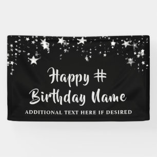 Any Age Birthday Black Silver Stars Brush Script Banner