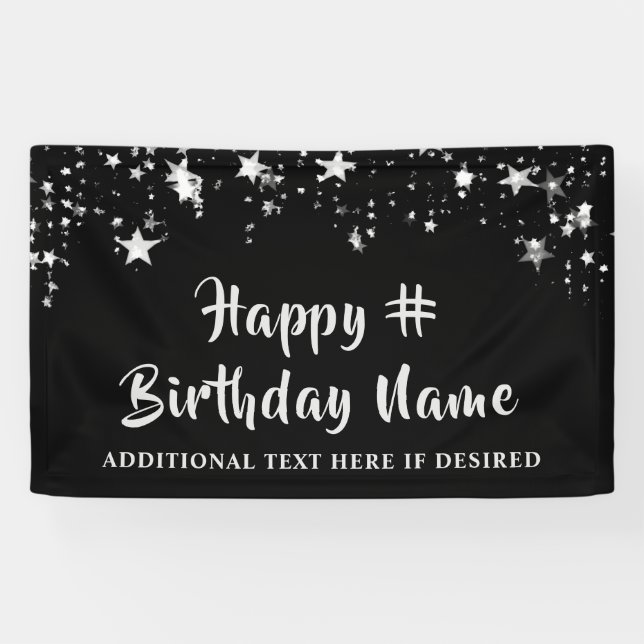 Any Age Birthday Black Silver Stars Brush Script Banner (Horizontal)
