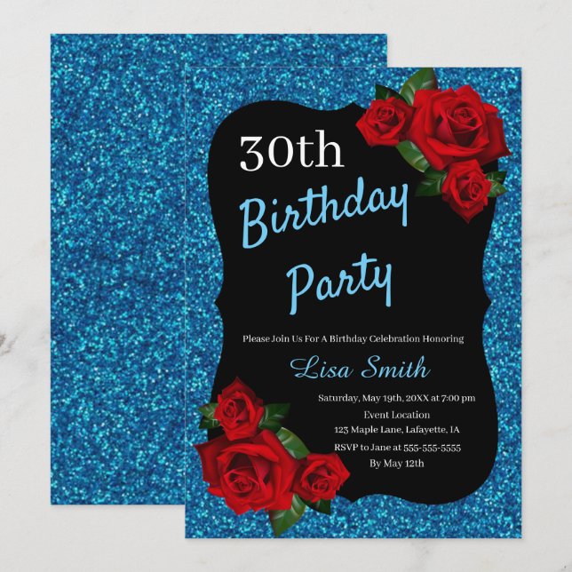 Any Age Birthday Blue Glitter Red Roses Invitation (Front/Back)
