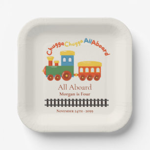 Any Age Birthday Colourful Train Chugga All Aboard Paper Plate